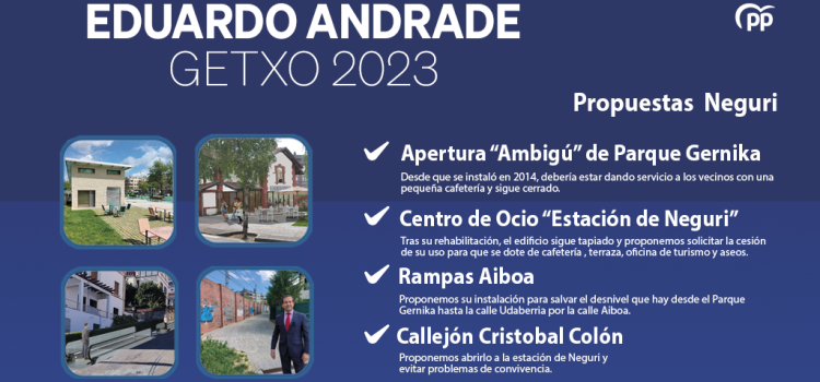 Andrade proyecta para Neguri un centro de ocio, unas rampas mecánicas en Aiboa, abrir el ambigú de Gernika y facilitar el acceso directo al metro por el callejón de Cristóbal Colón